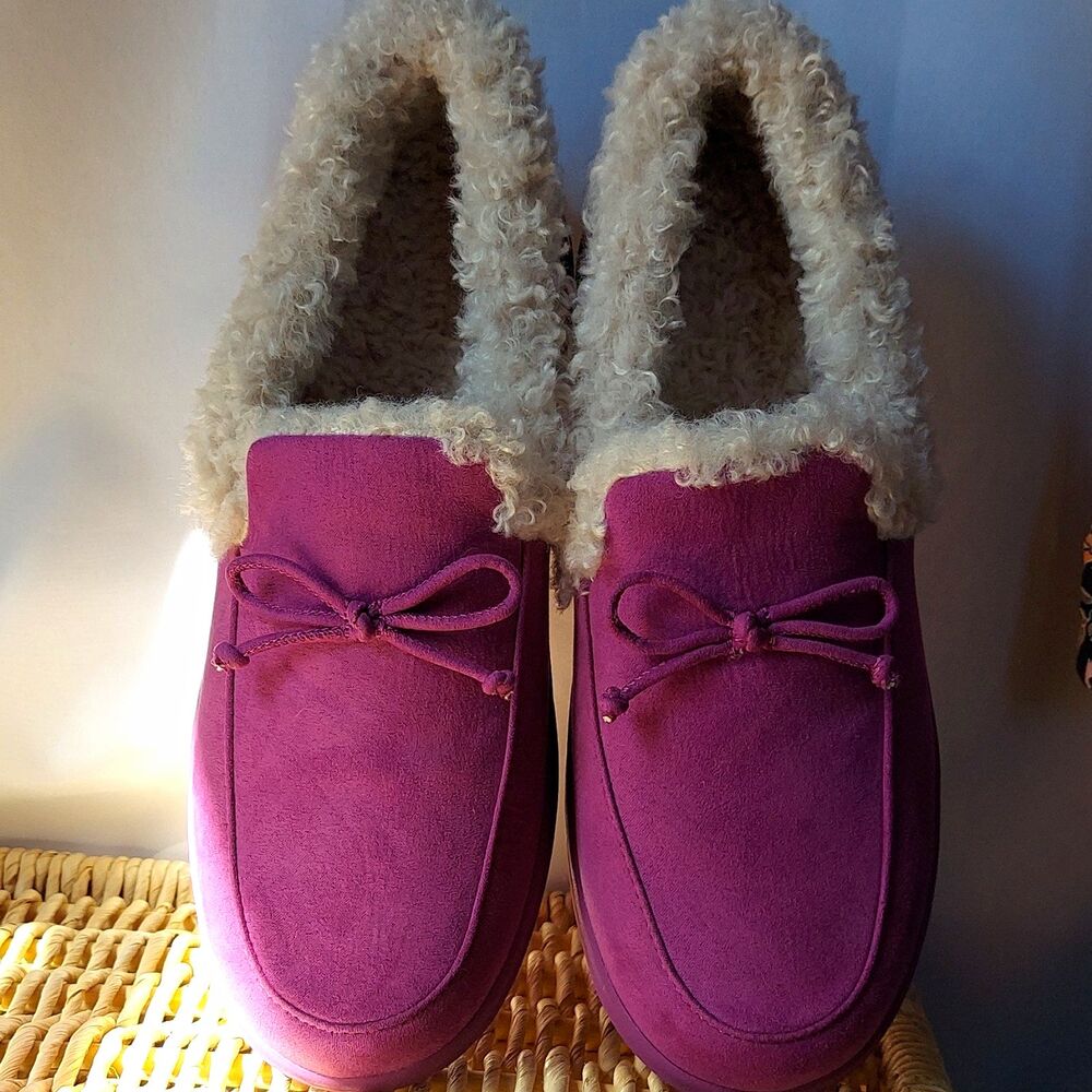 Vionic Comfort Support Slippers Suede Faux Fur Shearling Magenta Slip-On Sz 8.5